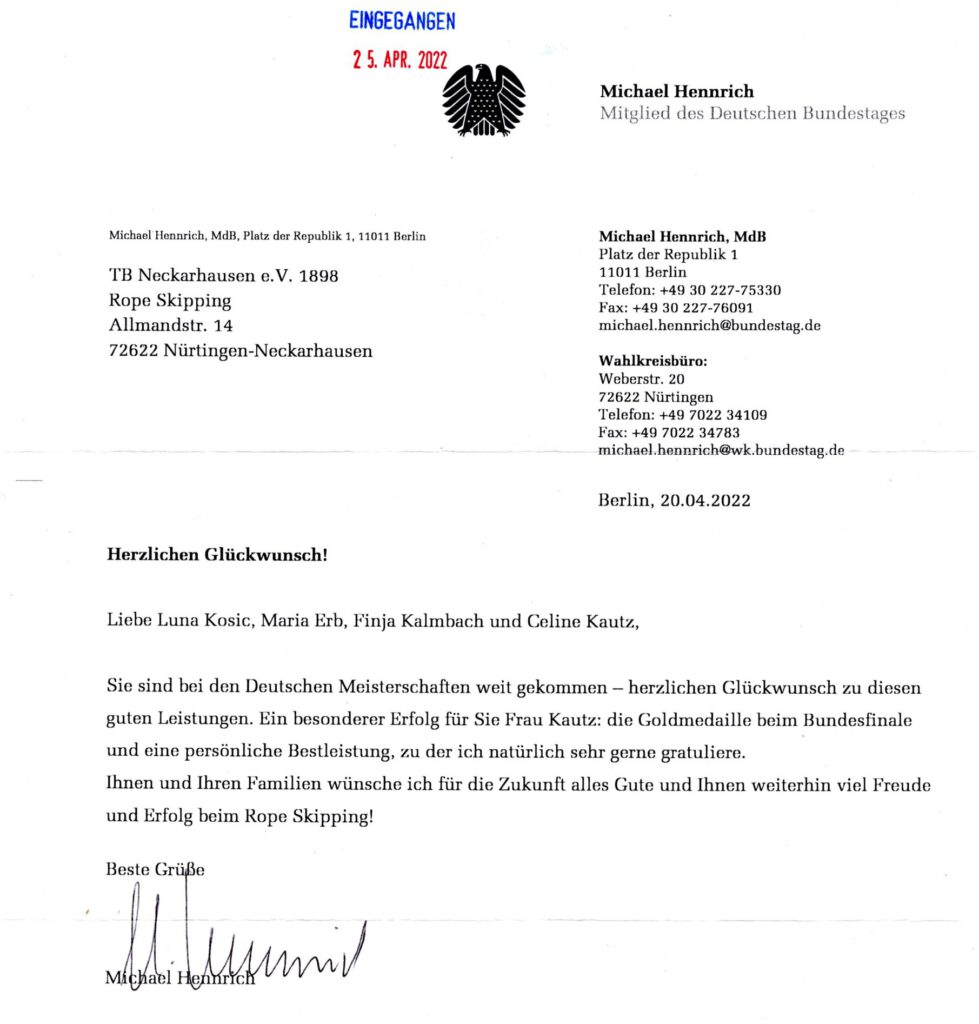 Gratulationsschreiben von Michael Hennrich – Mitglied des Deutschen Bundestages