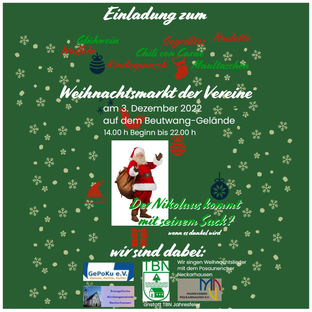 Einladung zum Weihnachtsmarkt der Vereine am 3. Dezember 2022 ab 14 Uhr auf dem Beutwang-Gelände