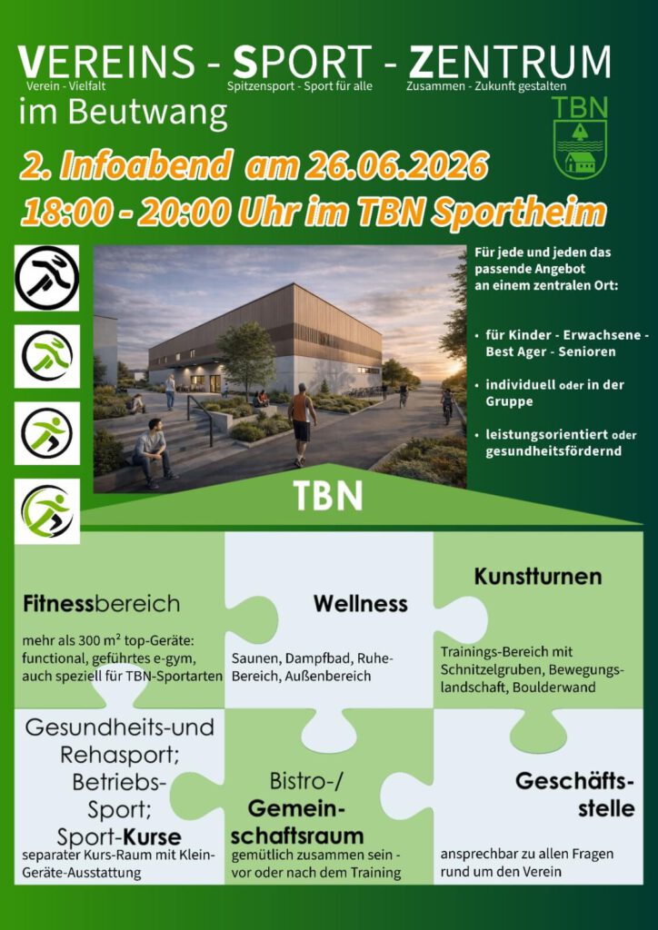 Einladung zum zweiten Infoabend des TBN am 26. Juni 2026 – alle Infos zum Projekt Vereins-Sport-Zentrum
